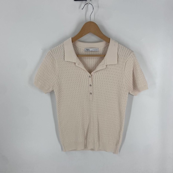 Zara Sweaters - Zara Womens Cream Short Sleeve Partial Button Collared Knit Pullover Top Size L